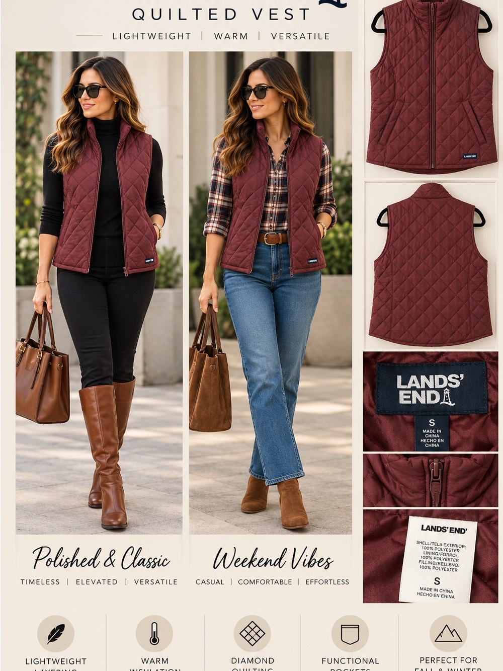 NWT Lands’ End Burgundy Quilted Puffer Vest Women’s Small